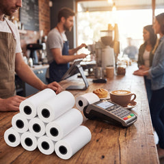 57x37mm Thermal Paper rolls stacked next to a payment terminal in a café setting.